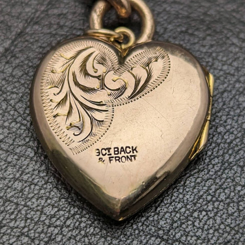 British Antique Rolled Gold Albert Chain 9ct Gold Heart Locket Fob